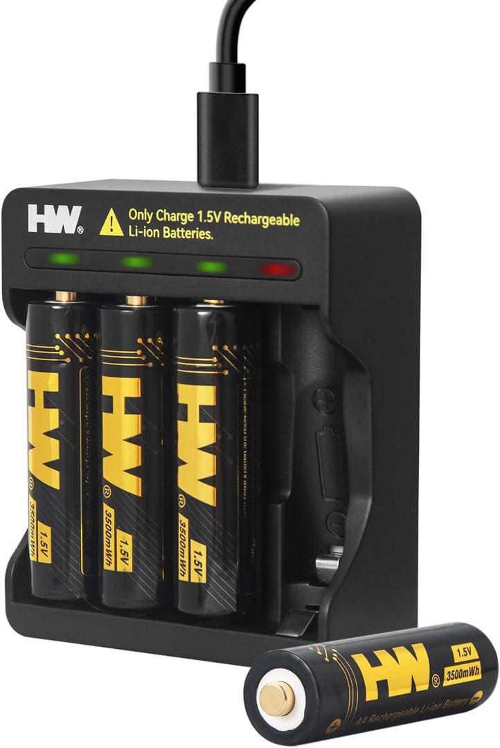 HW 4 Pack Rechargeable Lithium Batteries AA, 1.5V 3500mWh Double A Lithium Ion Batteries with 4-Bay AA/AAA Charger, Long Lasting Power, 2.5H Fast Chrge, 1000+ Cycles Reuseable li-ion AA Batteries Black