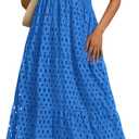 PRETTYGARDEN Womens 2025 Summer Maxi Dress Short Sleeve V Neck Hollow Out Eyelet A Line Long Flowy Beach Vacation Dresses (Blue, Size S)