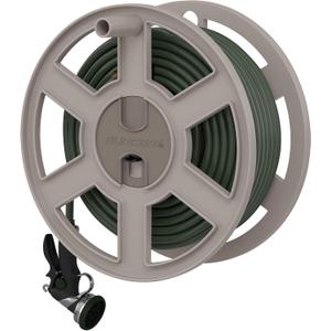 Suncast 100 ft Garden Hose Holder Wall Mount, Taupe Heavy-Duty Wall Mounted Water Hose Reel for Outside Use, Manually Retractable Sidewinder, Open Space-Saving Storage, Made in the USA