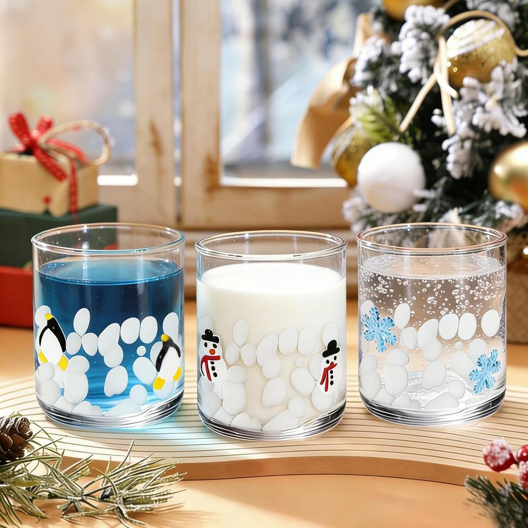 Whaline 3Pcs Christmas Icon Juice Glass 14 Oz Wine Glass Stemless Snowman Snowflake Penguin Cocktail Drinking Cups for Winter Xmas Home Party Favors Supplies