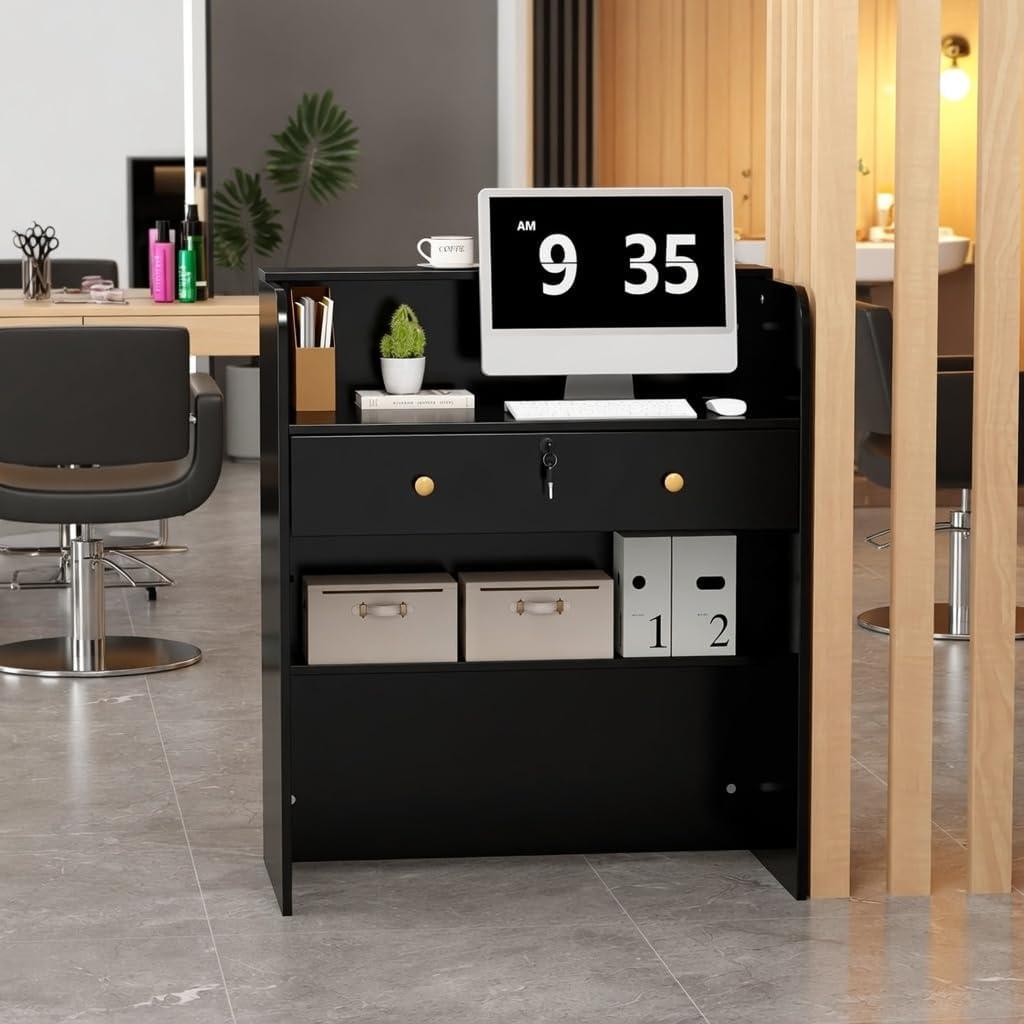 Reception Desk with Counter, Modern Black Reception Desk with Drawers, Front Retail Counter for Checkout, Lobby, Beauty Salon, Home Office