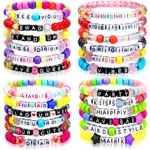 24 Pcs Music Party Bracelets Rave Kandi Bracelets Wear and Trade Handmade Party Trinkets Vibes Alphabet Plur Music Festival Accessories Different Phrases Every Time for Women Men