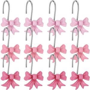 12 PCS Pink Bow Knot Shower Curtain Hooks Decorative Pink Bow Rustproof Bathroom Curtain Hanger Rings for Curtain Rods Living Room Baby Bedroom Nursery Art Decor