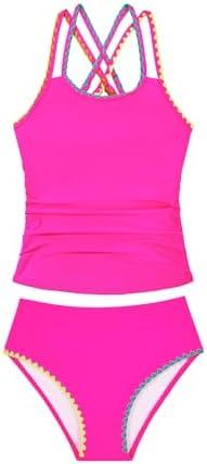 Century Star Girls Tankini Swimsuit with Contrast Trim & Cross Back Straps, Two Piece Bathing Suit UPF 50+ for Teens XL