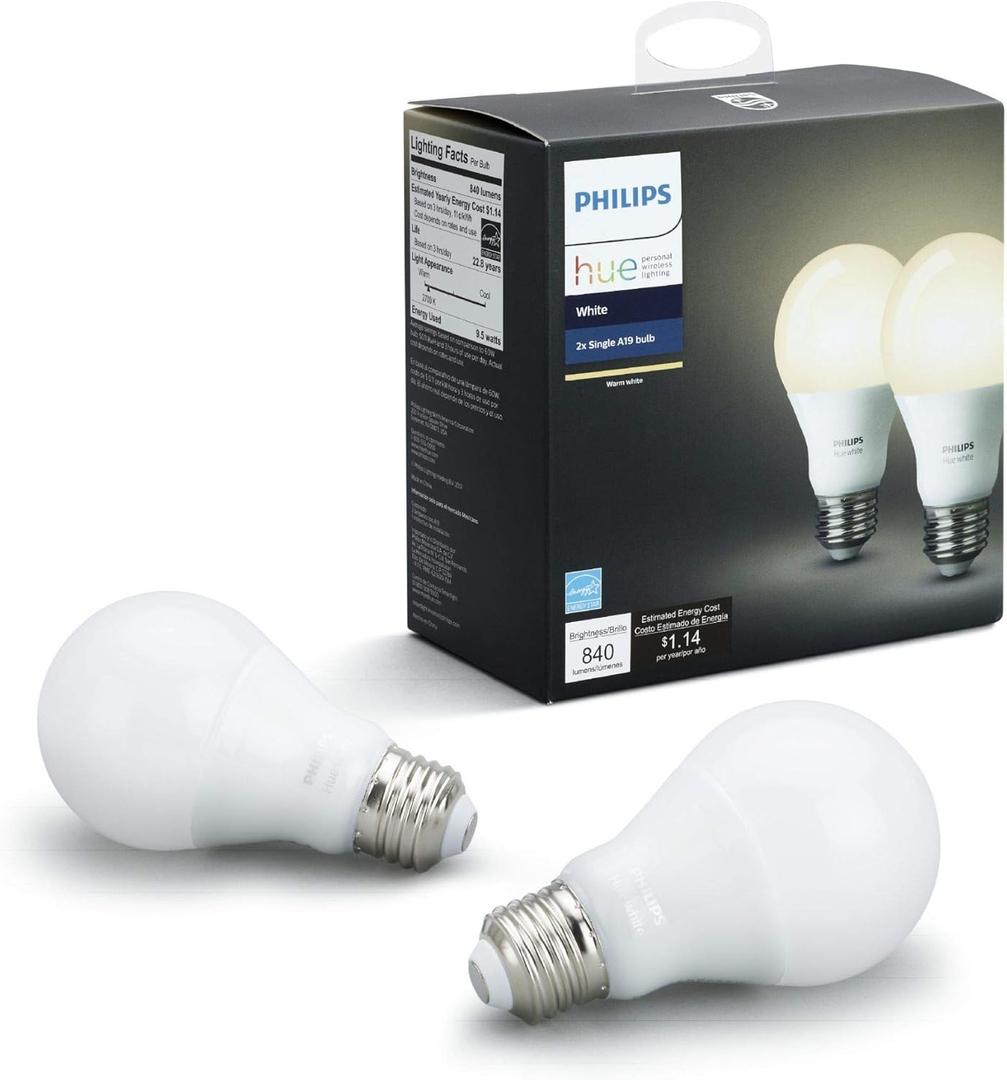 Philips Hue White 2-Pack A19 60W Equivalent Dimmable LED Smart Light Bulbs, Works with Alexa, HomeKit & Google Assistant, (CA Residents, Hub Required)