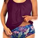 Yonique Plus Size Two Piece Swimsuit for Women Blouson Tankini Tummy Control Bathing Suit Purple Leaf, 16W