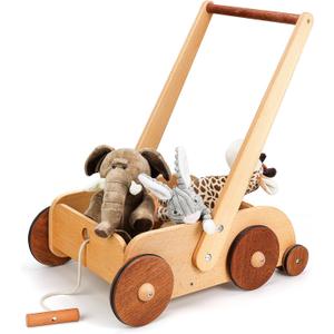 Woodtoe Wooden Baby Walker, Adjustable Speed Anti-Rollover Push Walker Toy for Babies Learning to Walk, Natural Wood Toddler Push and Pull Toys Wagon Christmas Toy for Boy Girl 12 3, 1st Birthday Gift