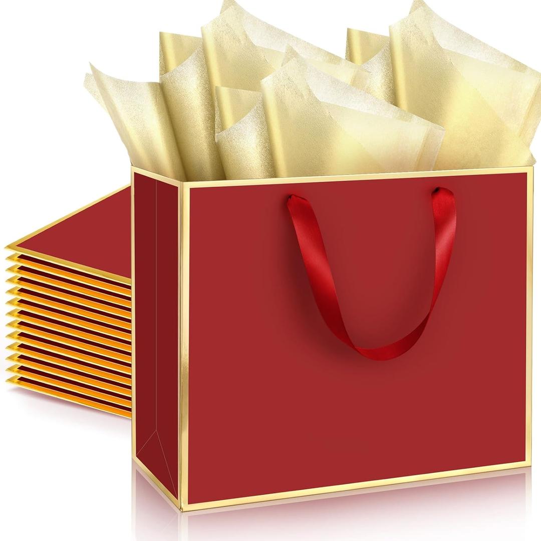 ReliThick 12 Pack Metallic Paper Gift Bag with Handles and Tissue Paper 11.8 x 10 x 4'' Thank You Favor Bag for Graduation Mother's Day Wedding Bridesmaid Groomsman 5 Senses Gifts (Burgundy Red,Gold)