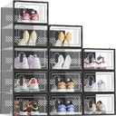 Shoe Storage, 12 Pack Shoe Organizer for Closet, Shoe Boxes Clear Plastic Stackable Shoe Containers with Lids for Size 10, Black (Large)