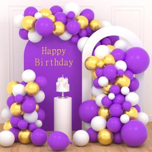 Purple Gold and White Balloon Arch Kit, Different sizes Purple White Balloons Metallic Gold Balloons for Girls Women Birthday Baby Bridal Shower Wedding Graduation Party Decorations