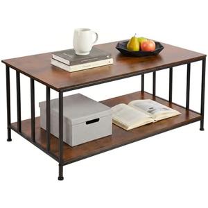 SENIG Small Coffee Table for Living Room with Slatted Sides Frame 39 Inch | Brown Oak Industrial Wood and Metal Center Table With 2-Tier Storage Shelf for Home Office Kitchen, 39.4" L x 21.7" W