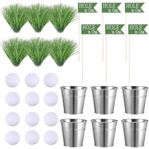 Soulchen 6 Set Golf Party Table Decorations Kit Includes 6 Iron Bucket 12 Mini Golf 90 Artificial Grass 6 Flags Centerpiece for Birthday Sport Themed Party Desk Supplies Rugby Favors (Classic)