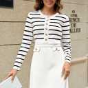 MEROKEETY Women's Long Sleeve Striped Sweater Dress Button Crewneck Fall Bodycon Formal Mini Dresses (White, XL)