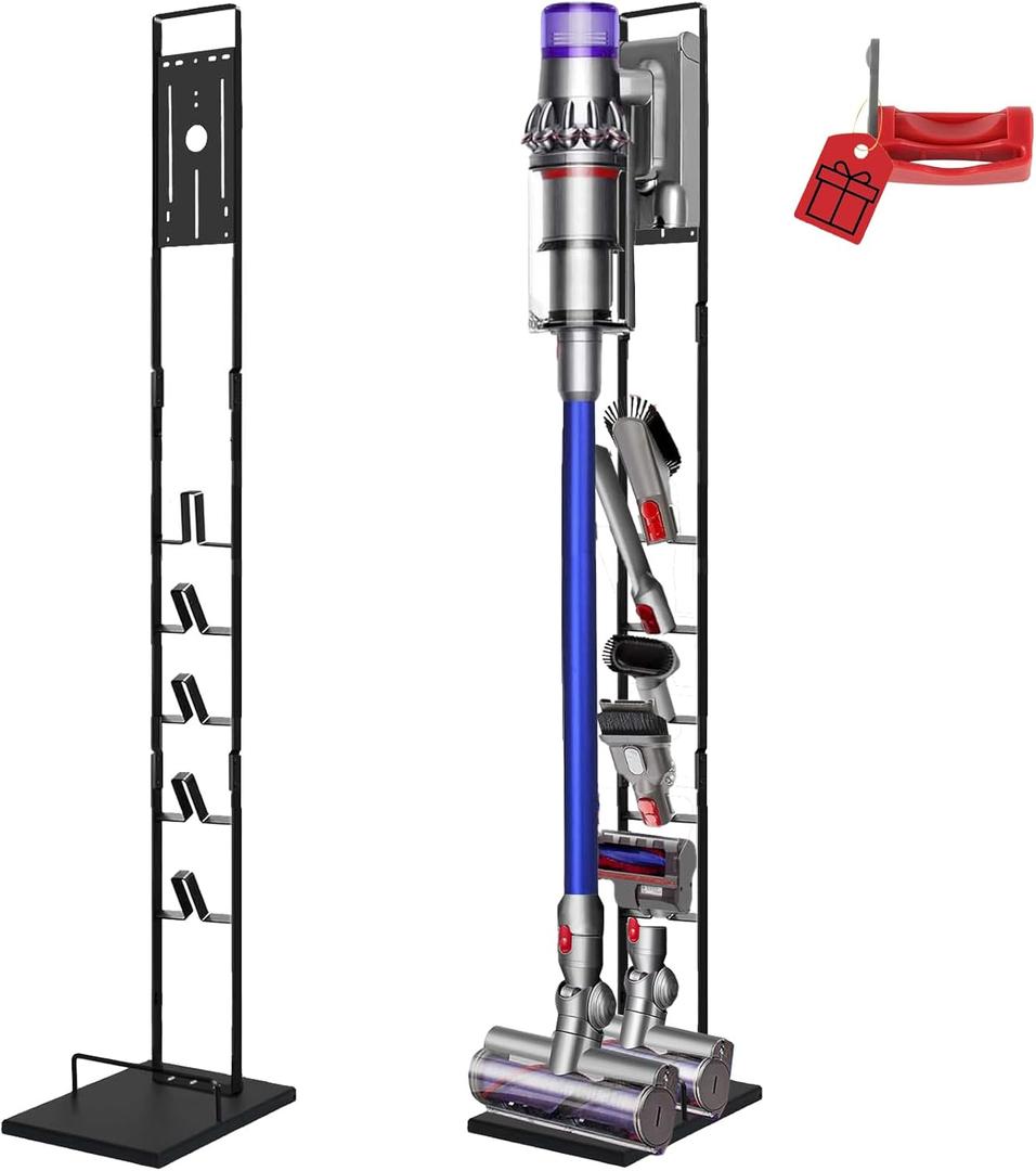 Vacuum Stand for Dyson V6, V7, V8, V10, V11, V12, V15 Cordless Cleaners - Heavy Base Metal Bracket Holder with Trigger Lock, On/Off Control Clamp, Accessory & Attachment Storage