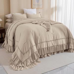Masaca Oversized Comforter King Size 120x120,Farmhouse Shabby Boho Chic Ruffle California King Bed Comforter Set French Country Rustic Bedding 3PCS (1 Ruffled Comforter+2 Pillow Shams) (Linen)