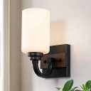 Mecgirn 1-Light Milk Glass Wall Sconces, Farmhouse Vanity Light Fixtures for Bathroom, Black and Wood Wall Lighting, Wall Sconce for Hallway, Entryway, Bedroom, Living Room