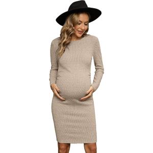 Womens Long Sleeve Knit Ribbed Maternity Dress, Ruched Midi Maternity Bodycon Dress Casual Work (Small, Khaki)
