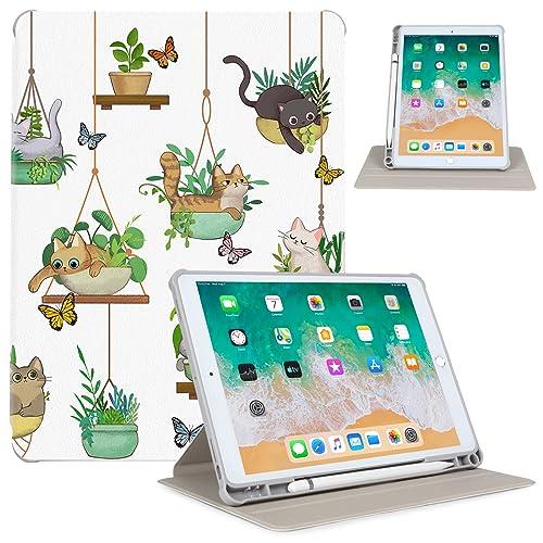 Rotating Case for iPad 9th/8th/7th Generation, Case for iPad Air 3rd Generation, Cases for iPad Pro 10.5,360 Degree Rotating Multi-Angle View Stand Pencil Holder Auto Wake/Sleep,Potted Plants Cat