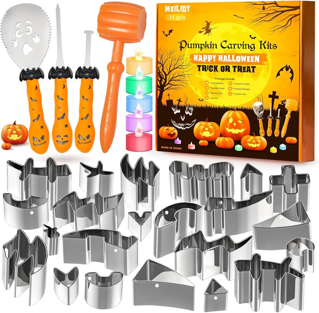Halloween Pumpkin Carving Kit, Easy and Safe DIY Stainless Steel Pumpkin Carving Stencils Tool Set for Kids Adults, 31 Pcs