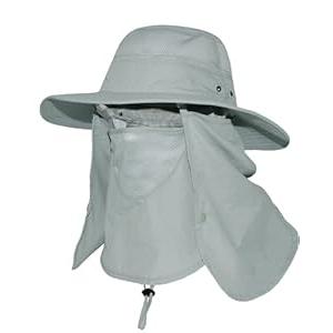 Wide Brim Sun Hat with Detachable Face Cover & Neck Flap Waterproof Safari Fishing UPF 50+ UV Protection Hat for Men Women (One Size, Gray)