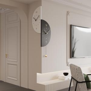 Semicircular Corner Wall Clock Double Sided with Pendulum, Decorative Wall Clock in 2 Silent Quartz Movement Battery Operated for Living Room Bedroom Kitchen Office, Black&White