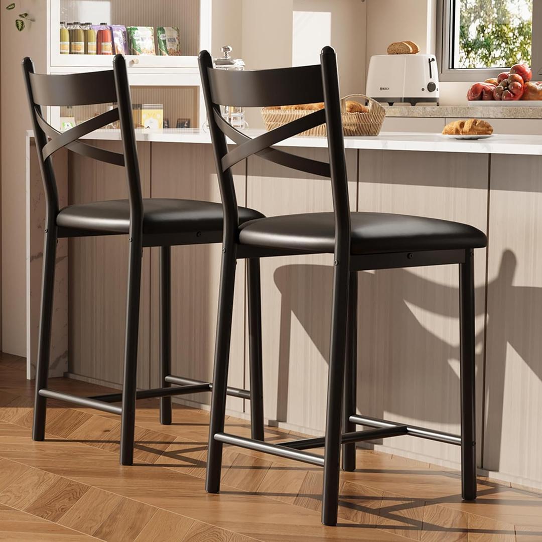 Bar Stools Set of 2, Counter Height Bar Stools with PU Upholstered Seat, Metal Frame Kitchen Bar Chairs with X-Design Back and Footrest for Kitchen Island, Counter Bar, Dining Room, 26" Black