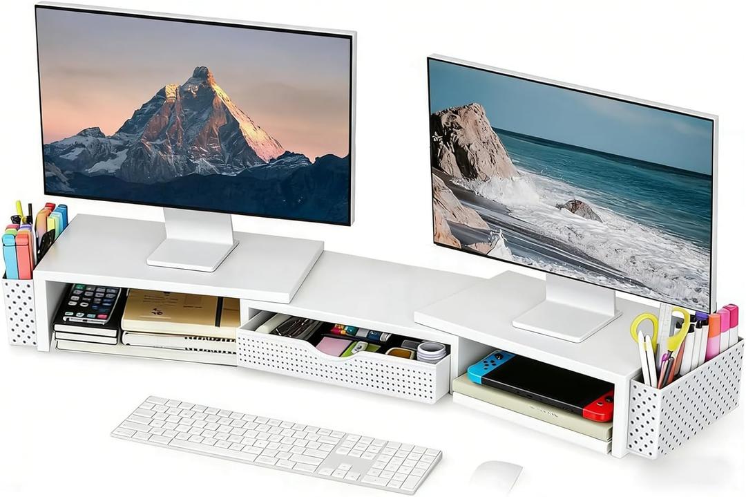 Spacrea Metal Desk Organizers and Accessories, Dual Monitor Stand Riser with Drawer and 2 Pen Holders, Desk Accessories & Workspace Desktop Organizers for Office Supplies (White)