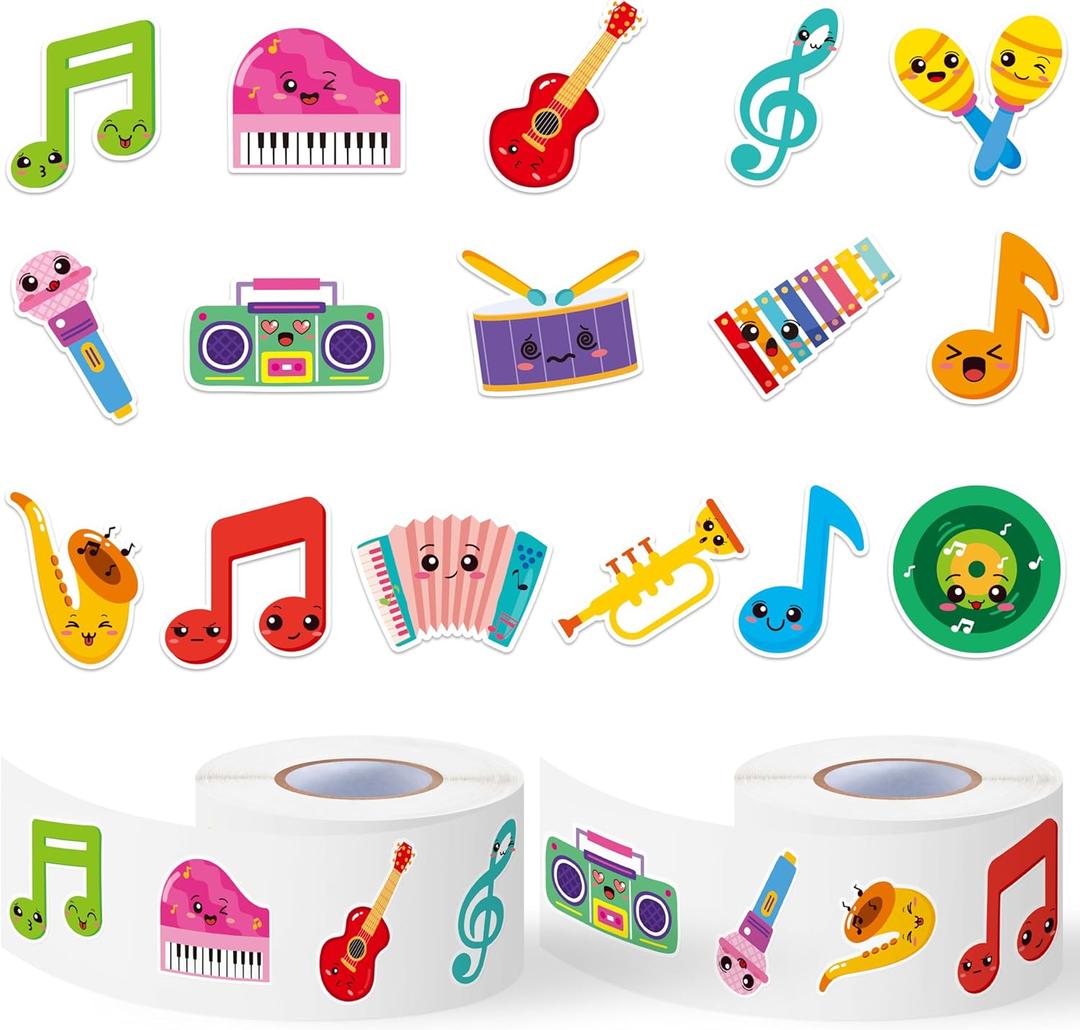 OSNIE Cute Music Sticker Rolls - 1000Pcs Music Notes Guitar Piano Microphone Stickers for Kid Adult, Cartoon Waterproof Self-Adhesive Decorative Decals for School Rewards Laptop Skateboard Home Decor