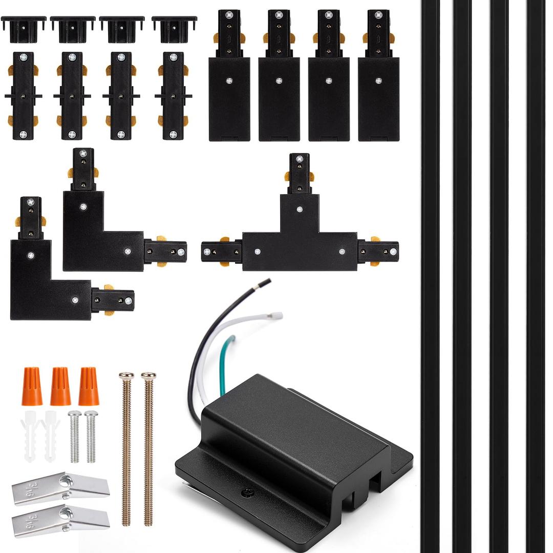 H Track Lighting Rails Kit - iCreating 13ft Black Track Light Track 3 Wire with Floating Canopy Connector, I and L Connectors for Single Circuit H Type LED Track Lighting Heads Fixtures