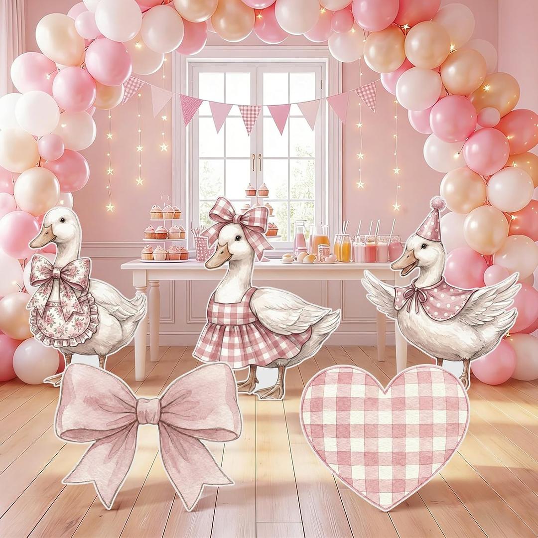 Pinkunn 5 Pcs 20 Inch Silly Goose Party Decorations Pink Large Plastic Silly Goose Cutouts with Stand Bow Heart Decor Photo Prop Backdrop for Baby Shower Birthday Party Indoor Lawn Yard Sign Supplies