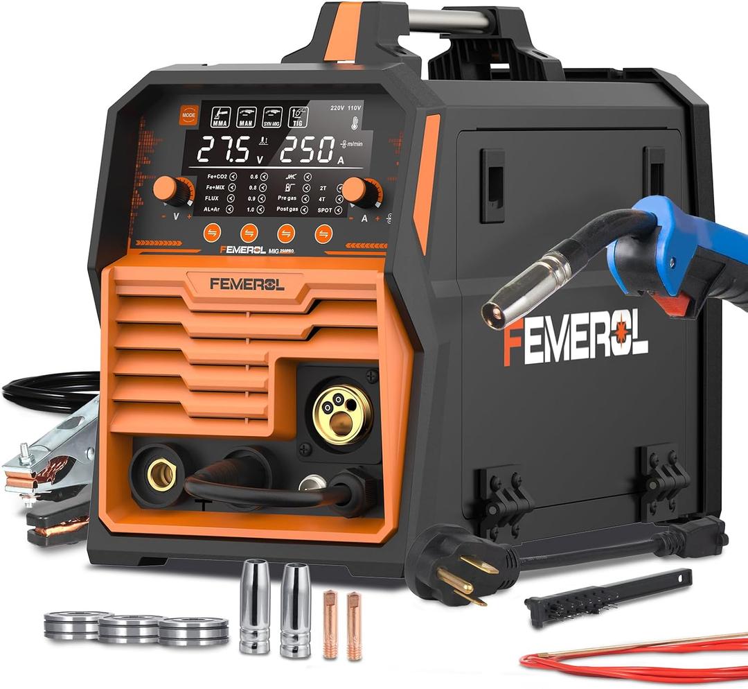 FEMEROL 250A MIG Welder,6 in 1 Gas MIG/Gasless Flux Core/Stick/Lift TIG/Spot Welding/Spool Gun Compatible Aluminum Welding Machine Large LED Display 110V/220V Multi Process Welder