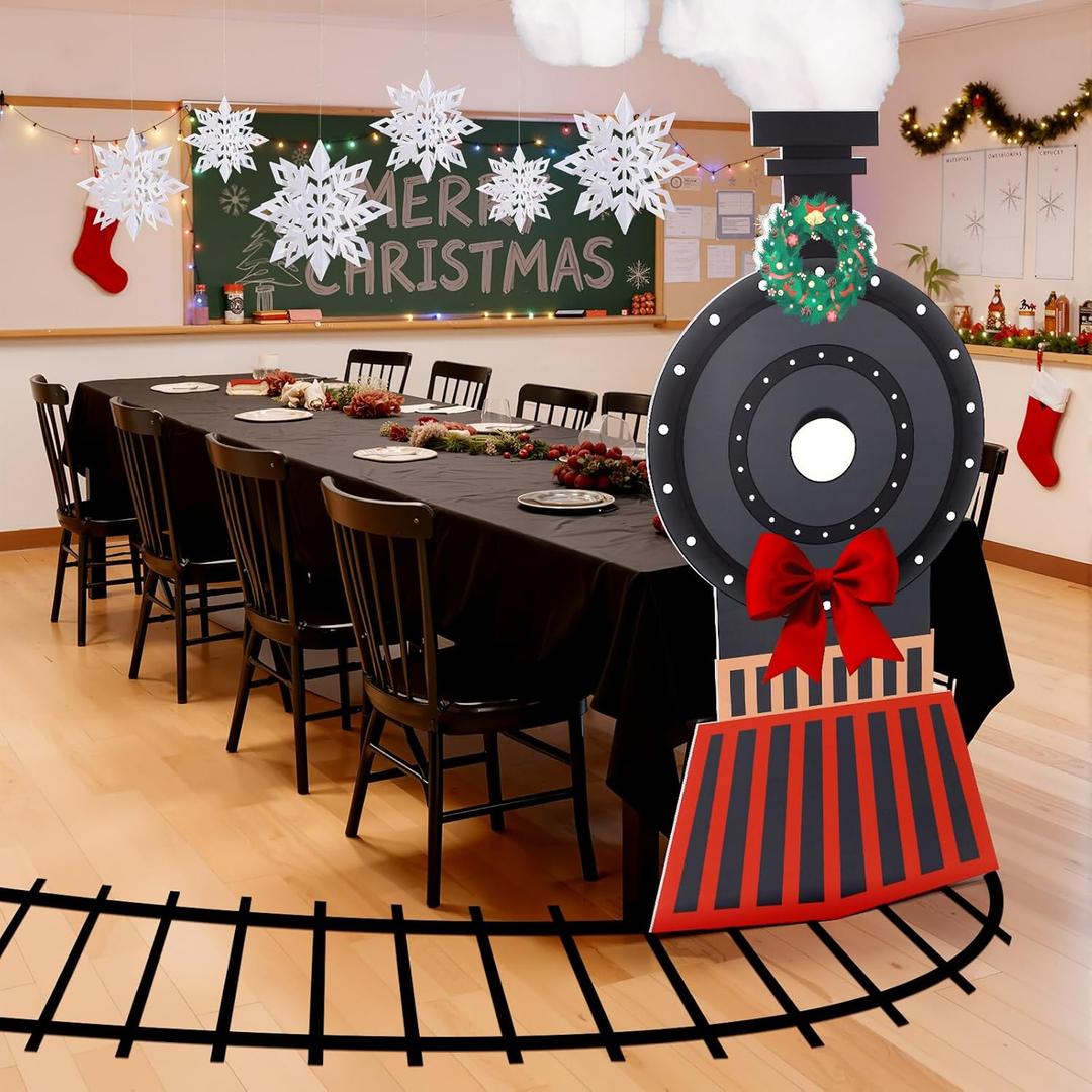 Oudain 9 Pcs Christmas Express Train Decoration 3D Snowflake Ornaments Christmas Cardboard Train with Railroad Rug Black Tablecloth for Express Xmas Birthday Party Gift School Classroom Decor
