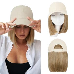 FORCUTEU Hat Wigs for Women Baseball Cap with Hair Extensions Short Straight Bob Hairstyle Caps with Hair Attached Adjustable Baseball Cap Wig for Daily Party(12inch Brown Mixed Blonde) (S-27/613)