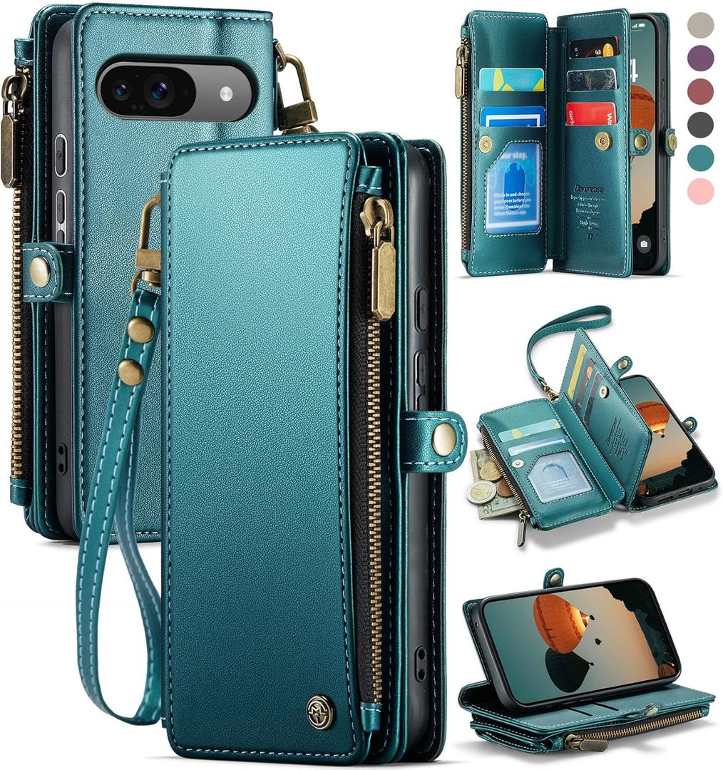 Defencase Compatible with Pixel 9/Pro Case, RFID Blocking Wallet Case Fit for Google Pixel 9 & 9 Pro Soft PU Leather Magnetic Snap Flip Zipper Strap Card Holder Phone Case for Women, Blue Green