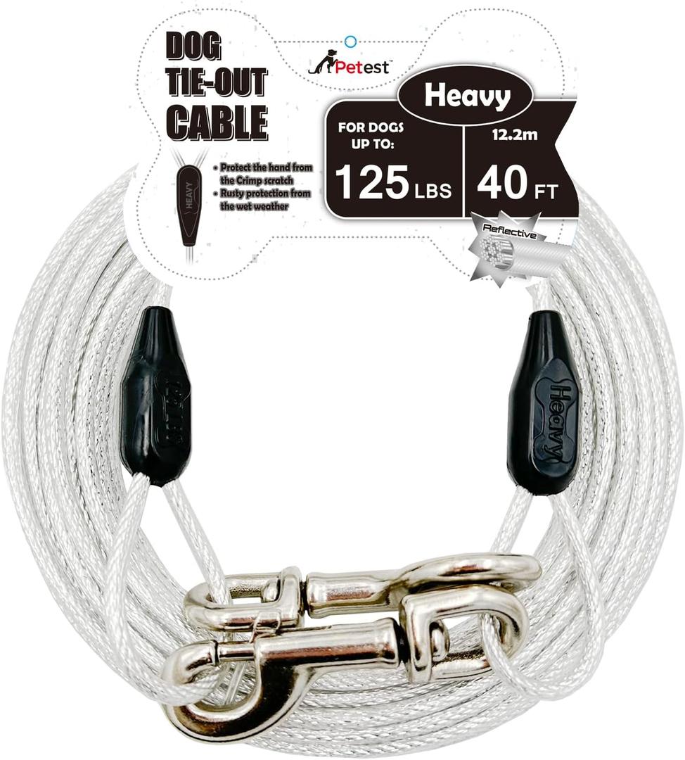 Petest 40ft Reflective Tie-Out Cable for Heavy Dogs Up to 125 Pounds (Black & Silver)