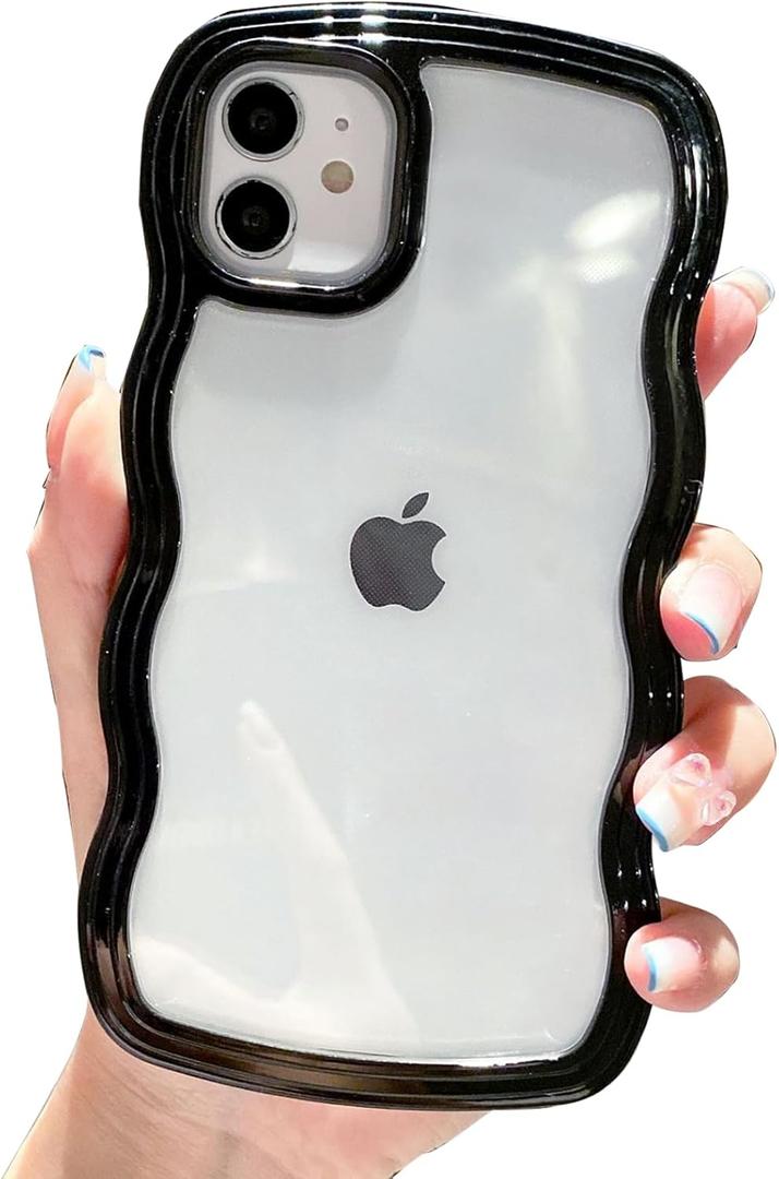 3 x Compatible for iPhone 16 Case Cute Girly Clear Curly Wave Frame Shape for iPhone 16 Phone Case Wavy Shockproof Protective Phone Cover for Women Girls Phone Cases Clear Design, Black