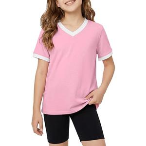 Poroka Girls Short Sleeve Shirt V-Neck Tee with Ribbed Trim Plain T-Shirts Soft Fashion Summer Tops for Girls, 9-10 Years Pink