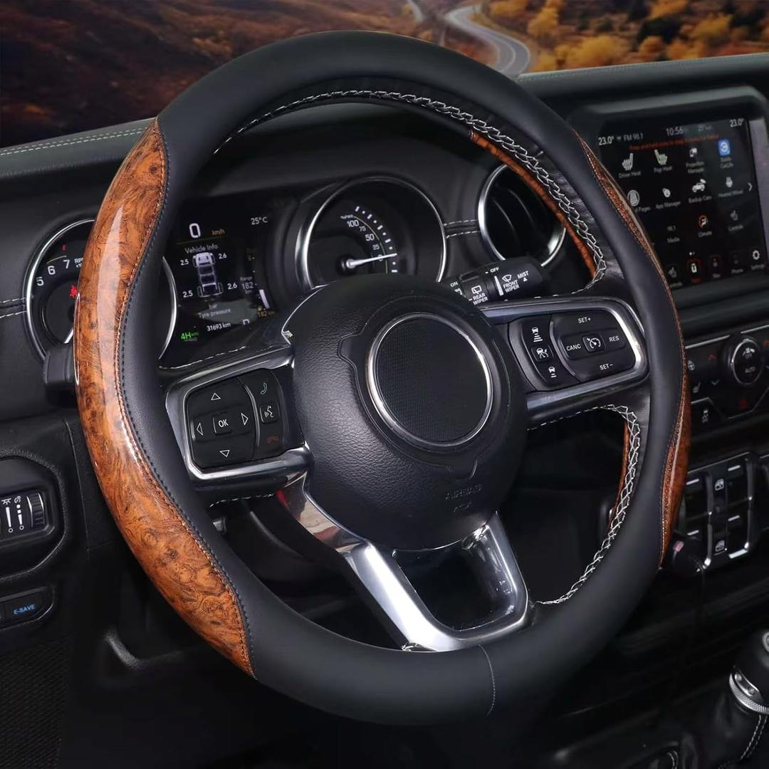 Wood Grain Steering Wheel Cover 15 inch, Soft Leather, Non-Slip Wear-Resistant, Suitable for Steering Wheel Diameter 14 1/2-15 Models, Black
