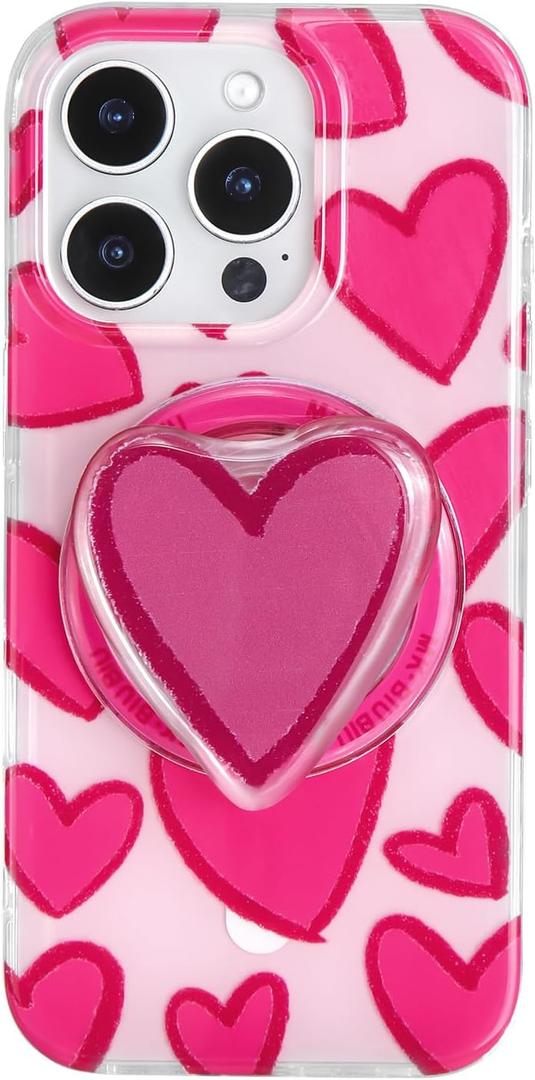 FEWGEY for iPhone 16 Pro Case Pink Heart with Round Phone Grip Compatible with MagSafe Kickstand Holder for Girls Women, TPU Shockproof Protective Phone Cover