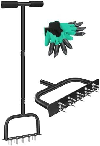 DUCHIFAD Lawn Aerator Spike, Manual Aerator Metal for Compacted Soils and Lawns with Dethatching Rake & 15 Iron Spikes Pre-Assembled Grass Aerator Tools for Yard Lawn Aeration Garden Tool