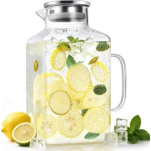 1 Gallon Thickened Glass Pitcher with Lid and Spout, Square Borosilicate Glass Carafe with Handle for Fridge, Extra Large Water Jug for Hot/Cold Drink, Iced Tea, Coffee, Juice, BeverageSilver