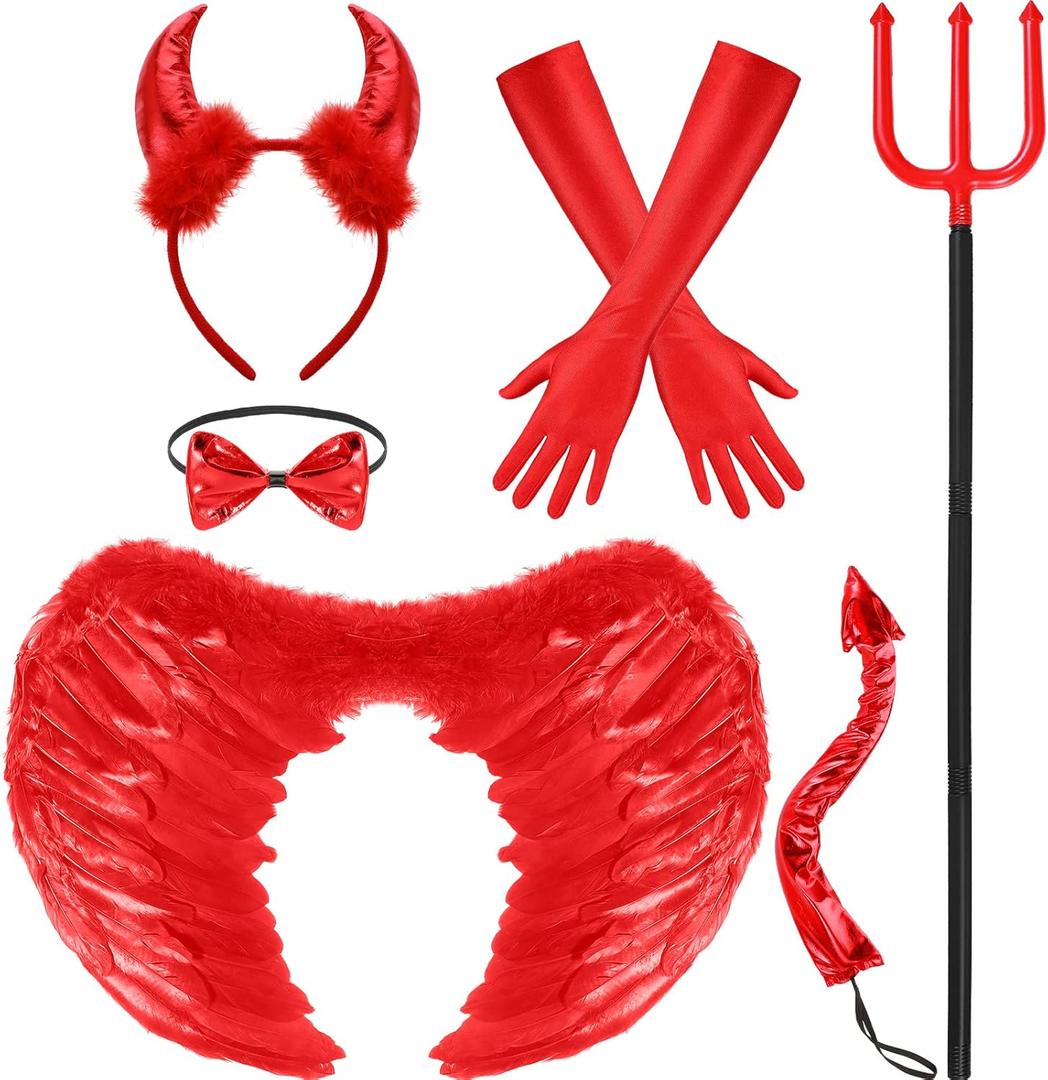 Hillban 6 Pcs Halloween Red Demon Costume for Women Set Include Sequin Red Horns Headband Tail Bowtie Wings Long Gloves Fork Demon Costume for Women Girls Men Kids Accessories Cosplay
