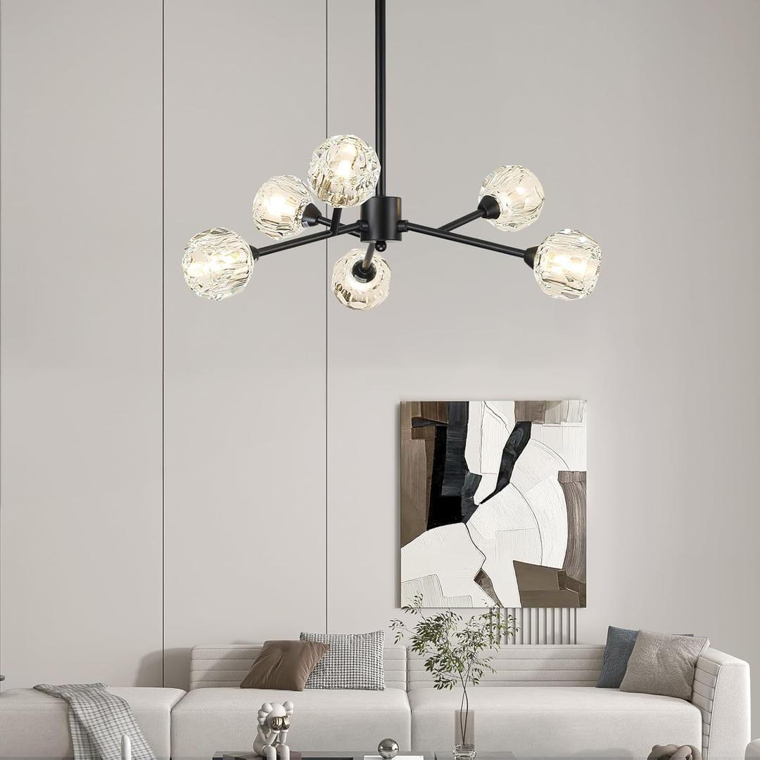 Sputnik Chandeliers for Dining Room Light Fixture Over Table, Modern Crystal Chandeliers, 6 Lights Black Lighting Fixtures for Living Room Bedroom Kitchen Island