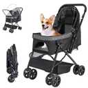 Lightweight Dog Stroller with Reversible Handle for Medium Small Dogs and Cats, Foldable Pet Stroller Travel Carriage with Large Storage Basket, 4 Wheels, Black
