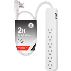 GE Pro 6-Outlet Surge Protector, 2 Ft Extension Cord, 620 Joules, Power Strip, Flat Plug, Integrated Circuit Breaker, Wall Mount, UL Listed, White, 40532