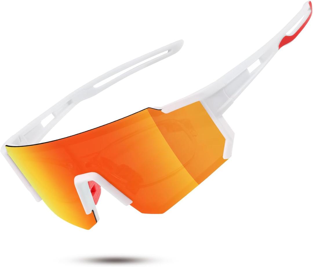 Polarized Sports Sunglasses for Men and Women,Fishing Cycling Mountain Bike Baseball Sunglasses with UV Protection (A10 White Frame -Red Mirror)