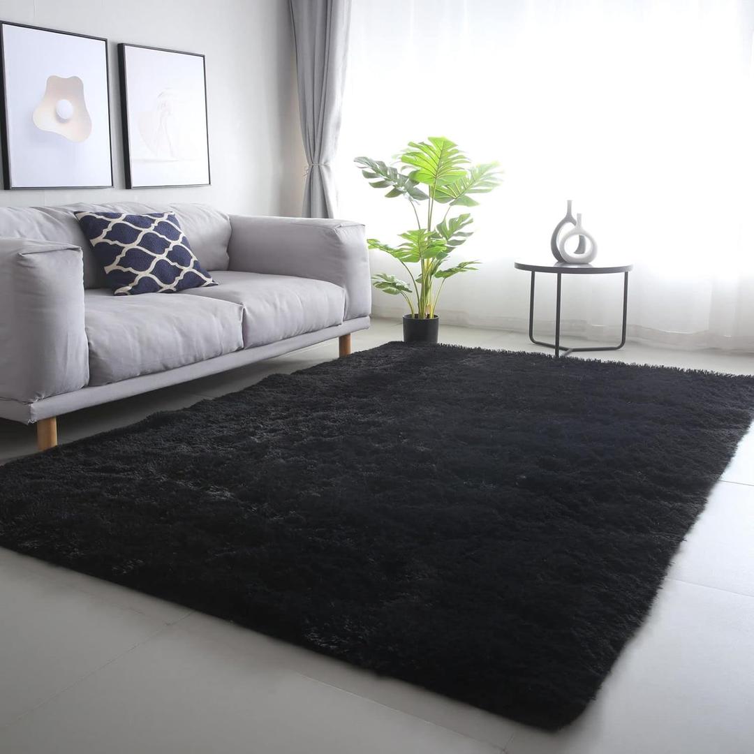 CAIYUECS Shag Area Rug, Indoor Ultra Soft Plush Rugs for Bedroom Living Room, Non-Skid Modern Nursery Faux Fur Rugs for Kids Room Home Decor (4x6 Feet, Black)