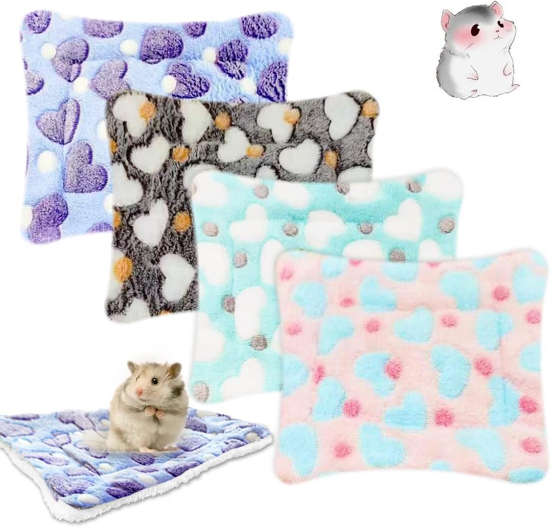 4 Pieces Guinea Pig Bunny Comfortable Bed Mats Pads, Rabbit Warm Soft Bed, Hamster Bedding Pad Mats for Small Animals Chinchilla Hedgehog Baby Cats (7.9"x5.9", 1.Hearts Pattern)