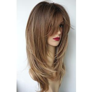 Long Layered Ombre Brown wig Synthetic Hair Fiber Highlight Multicolor brunettes Wigs for White Women (Ombre Brown)