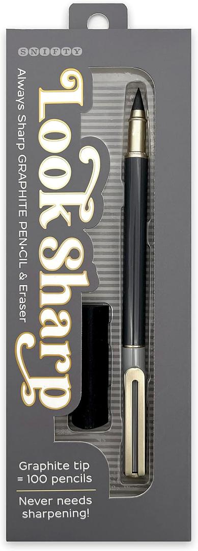 SNIFTY Look Sharp Always Sharp Pencil - Compressed graphite tip equals 100 pencils - Gray metal barrel + cap + eraser